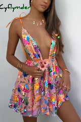 Cyflymder Rainbow Sequin Open Back Slip Mini Dress Orange / S