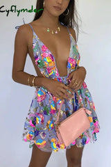 Cyflymder Rainbow Sequin Open Back Slip Mini Dress Purple / S