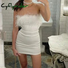 Cyflymder wedding guest outfit Sexy Feather Stitching Tube Dress Autumn Evening Party Club Strapless Mini Dresses Sexy