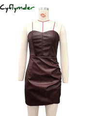 Cyflymder Strapless Leather Mini Dress for Women Sexy Summer Sleeveless Backless Ruched Bodycon Party Short Dress