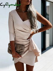 Cyflymder Summer Sexy Lady Mini Party Dress Women Elegant Solid One Shoulder V Neck Slim Ruffle Dress Female Casual