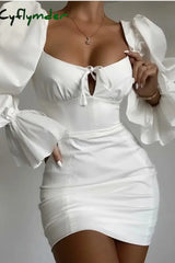 Cyflymder - White Casual Solid Frenulum Square Collar Long Sleeve Dresses