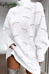 Cyflymder - White Casual Solid Hollowed Out Turtleneck Long Sleeve Dresses / S