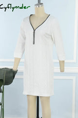 Cyflymder - White Casual Solid Patchwork Zipper Collar Long Sleeve Dresses