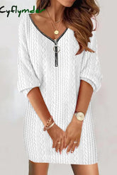 Cyflymder - White Casual Solid Patchwork Zipper Collar Long Sleeve Dresses