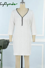 Cyflymder - White Casual Solid Patchwork Zipper Collar Long Sleeve Dresses