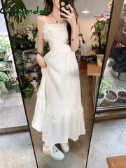 Cyflymder White Dress Women Sweet Ruffles Summer Sleeveless Princess Aesthetic A-Line Sundress
