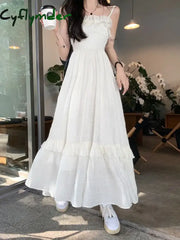 Cyflymder White Dress Women Sweet Ruffles Summer Sleeveless Princess Aesthetic A-Line Sundress