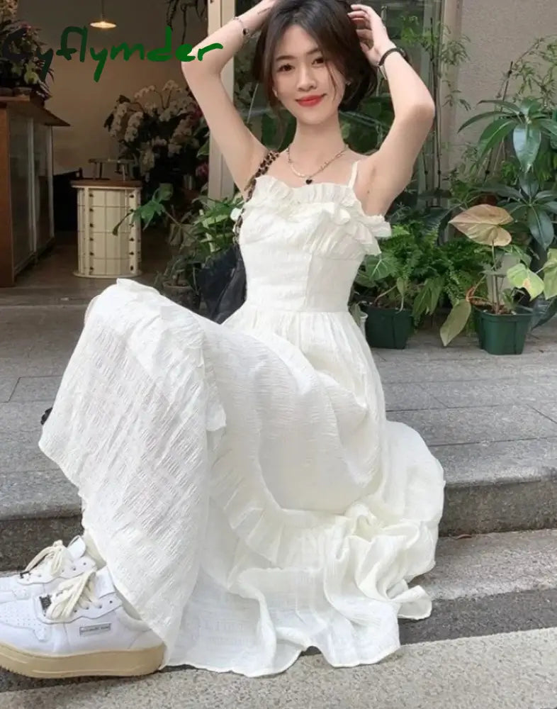 White Dress Women Sweet Ruffles Summer Sleeveless Princess Aesthetic A-line Sundress Holiday Leisure French Style Designed