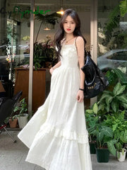 Cyflymder White Dress Women Sweet Ruffles Summer Sleeveless Princess Aesthetic A-Line Sundress