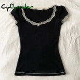 Cyflymder White Lace Trim Neckline Crop Tops Fairycore Aesthetics Vintage Black Milkmaid Tees Chic
