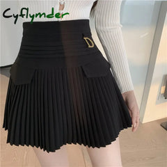 Cyflymder White Pleated Skirts Sexy Casual Slim College Women High Waist Mini Metal Letter D A-Line