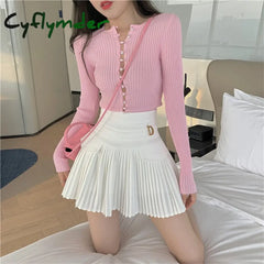 Cyflymder White Pleated Skirts Sexy Casual Slim College Women High Waist Mini Metal Letter D A-Line