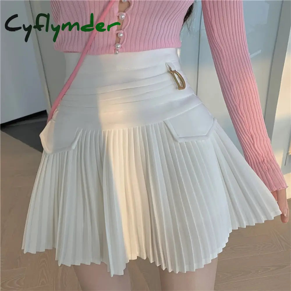 Cyflymder White Pleated Skirts Sexy Casual Slim College Women High Waist Mini Metal Letter D A-Line