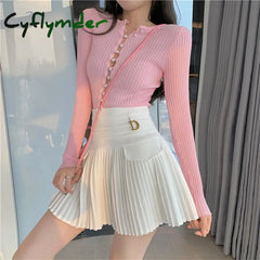 Cyflymder White Pleated Skirts Sexy Casual Slim College Women High Waist Mini Metal Letter D A-Line