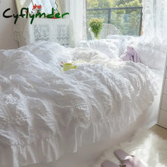 Cyflymder White Ruffled Seersucker Duvet Cover Set 3/4pcs Soft Princess Girls Bedding Set With Bed Sheet Pillowcases