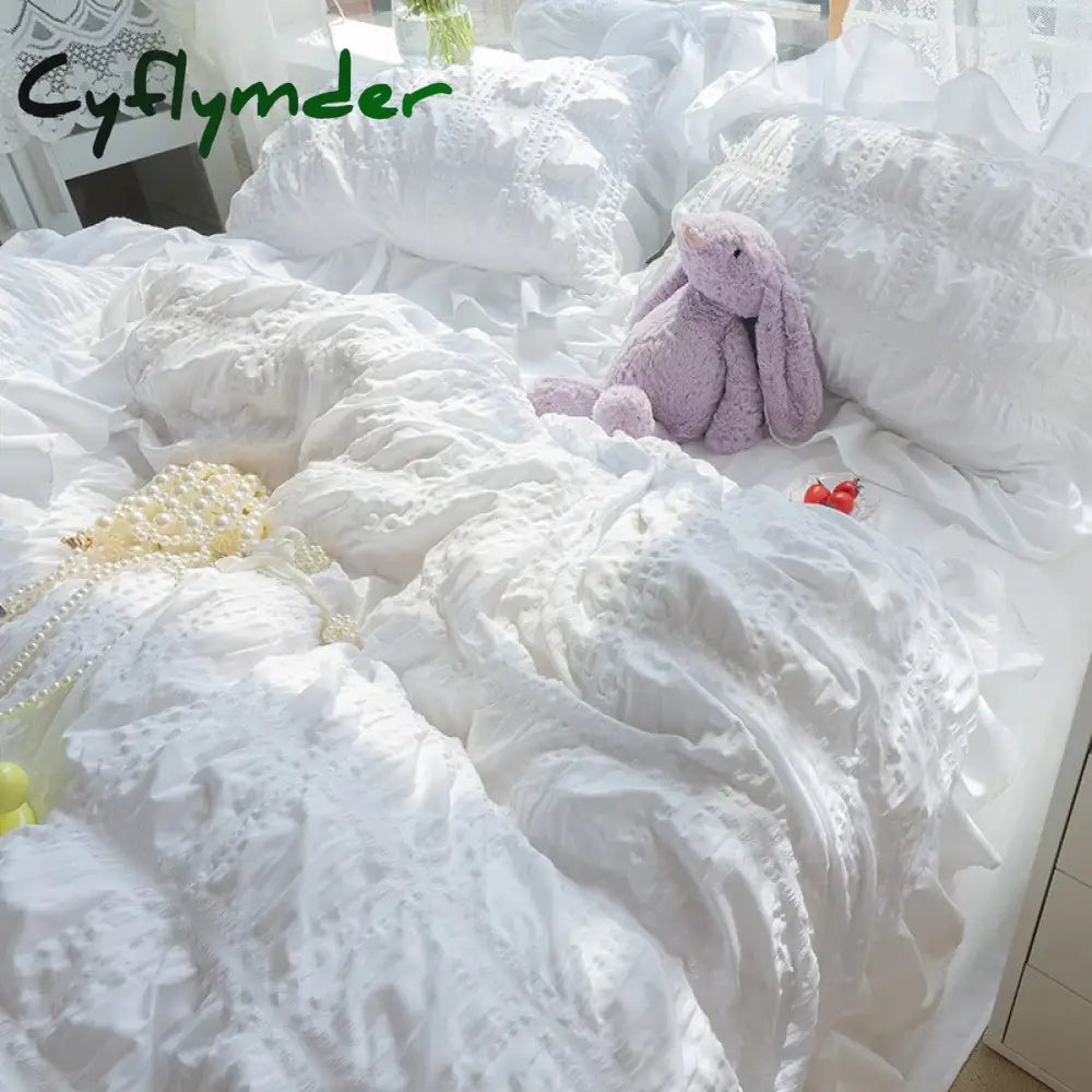 Cyflymder White Ruffled Seersucker Duvet Cover Set 3/4pcs Soft Princess Girls Bedding Set With Bed Sheet Pillowcases
