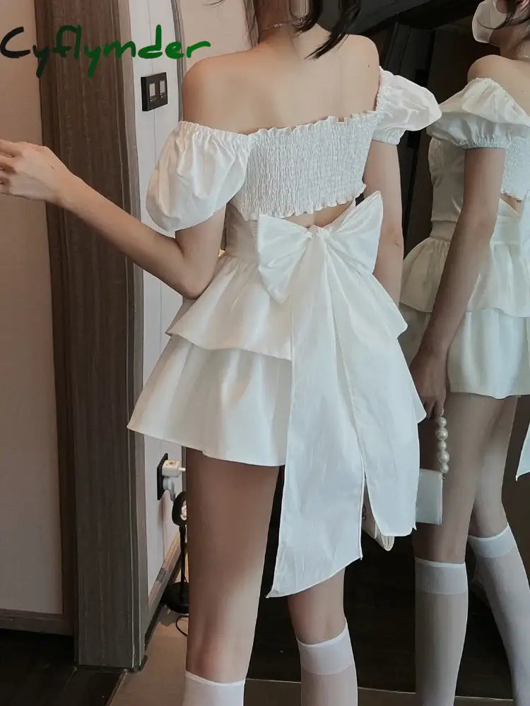 White Sexy Backless Mini Dress Women Korean Fashion Casual Elegant Party Dress Female Ruffle Kawaii Lolita Party Y2k Dress