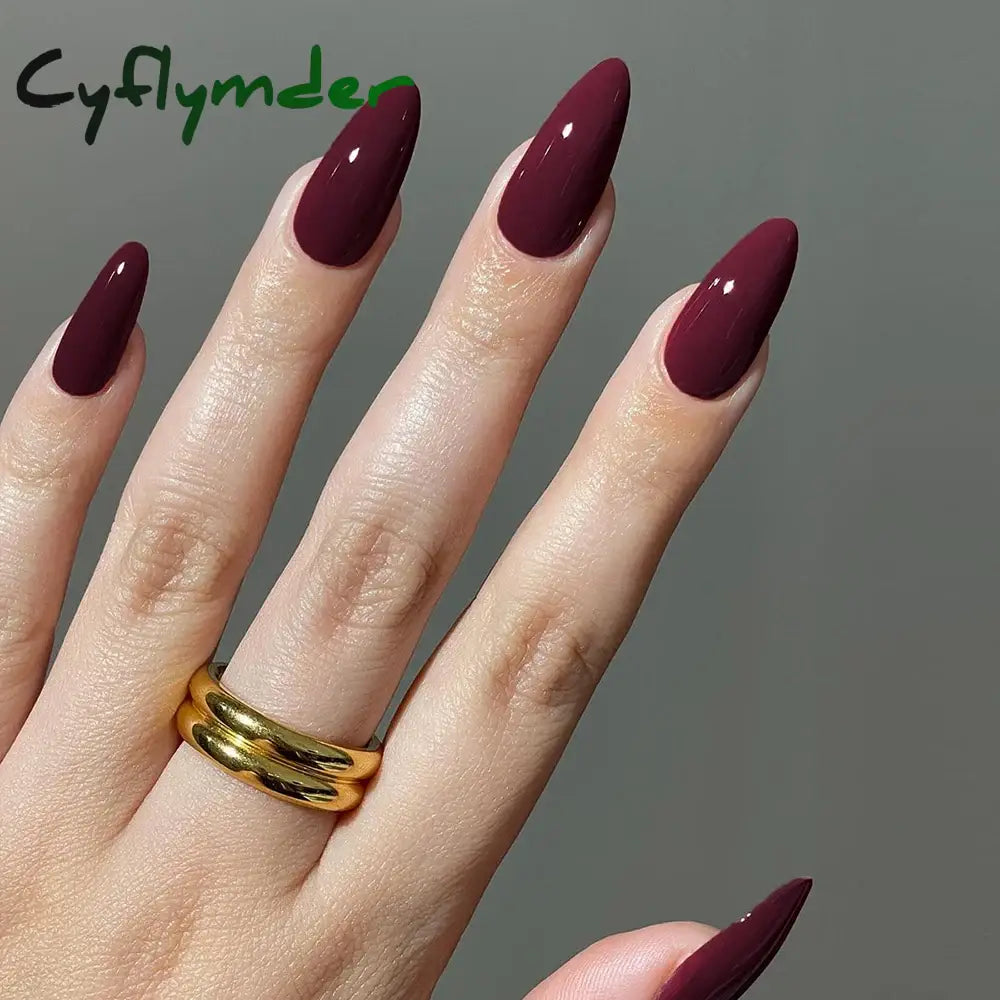 Cyflymder Wine Red Nails Medium Almond Fake Nails Glossy Full Cover Solid Color False Nails Women Girls including1