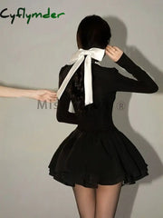 Cyflymder Winter Black French Vintage One Piece Dress Women Princess Elegant Short Party Mini