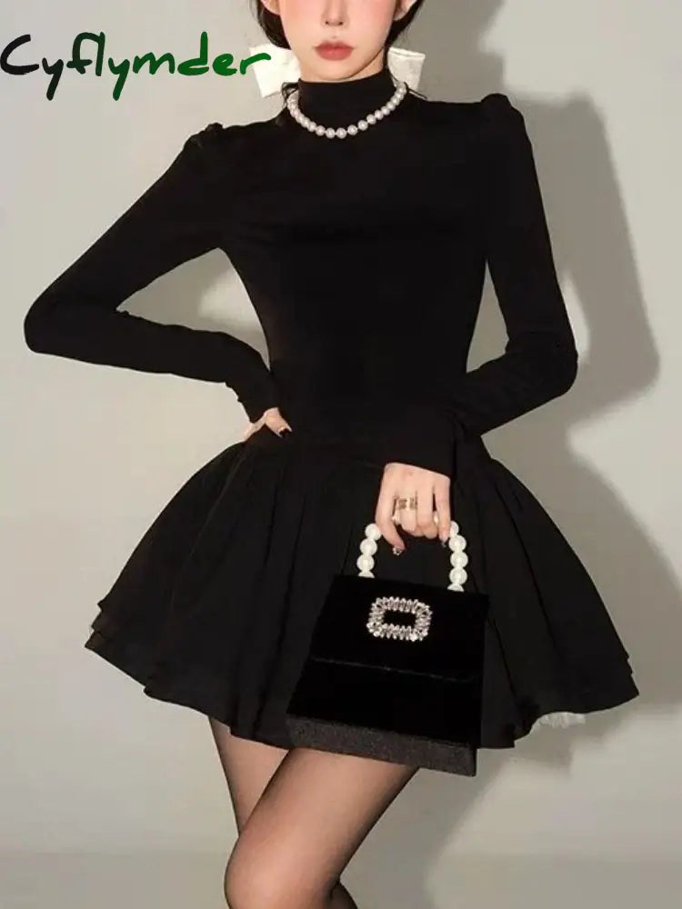 Cyflymder Winter Black French Vintage One Piece Dress Women Princess Elegant Short Party Mini