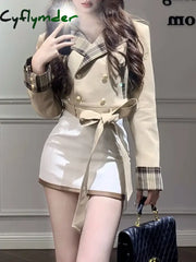 Cyflymder Winter British Styleh Japanese Sweet 2 Piece Set Women Designer Belt Coat + White Mini Skirt New Design