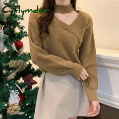 Cyflymder winter club outfits Women Christmas Sweater Autumn Winter Long Sleeved Sweater Warm V-neck Off Shoulder