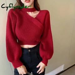 Cyflymder winter club outfits Women Christmas Sweater Autumn Winter Long Sleeved Sweater Warm V-neck Off Shoulder