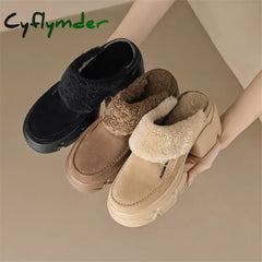 Cyflymder Winter Cow Suede Women Shoes Wool Mules Platform For Round Toe High Heels Slippers Chunky