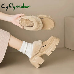 Cyflymder Winter Cow Suede Women Shoes Wool Mules Platform For Round Toe High Heels Slippers Chunky