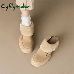 Cyflymder Winter Cow Suede Women Shoes Wool Mules Platform For Round Toe High Heels Slippers Chunky
