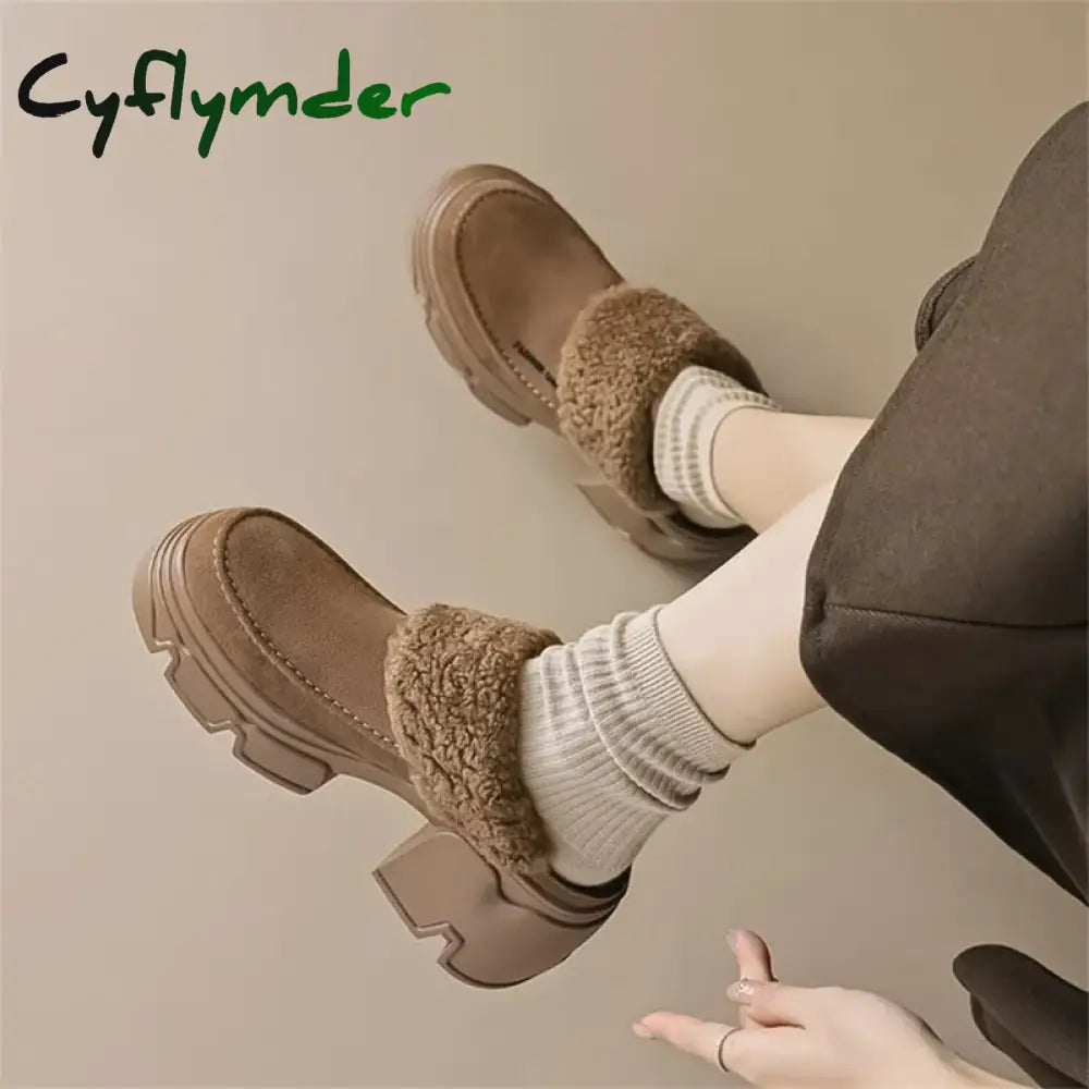 Winter Cow Suede Women Shoes Wool Mules Platform Shoes for Women Round Toe High Heels Slippers Chunky Heel Cover Toe Slippers