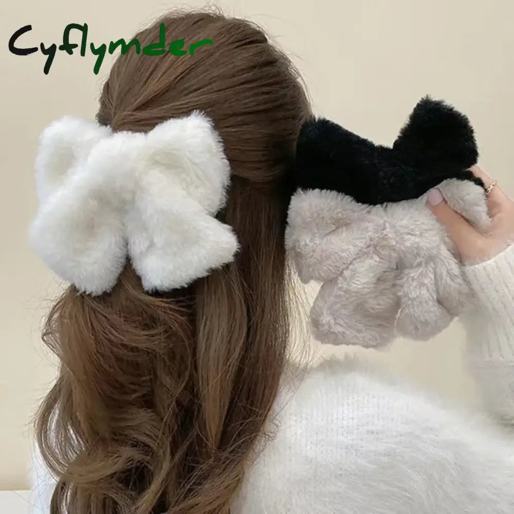Cyflymder Winter Cute Plush Bowknot Hairpin Women Korean Simple Solid Color Bow Hair Clips Large Barrette for Girls