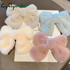 Cyflymder Winter Cute Plush Bowknot Hairpin Women Korean Simple Solid Color Bow Hair Clips Large Barrette for Girls