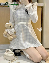 Cyflymder Winter Elegant Tweed Plaid Dress Sets Women Kawaii Boew Woolen Jackets Sweet Strap Mini Dresses Female Korean