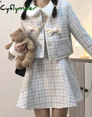 Cyflymder Winter Elegant Tweed Plaid Dress Sets Women Kawaii Boew Woolen Jackets Sweet Strap Mini Dresses Female Korean
