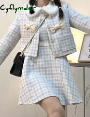 Cyflymder Winter Elegant Tweed Plaid Dress Sets Women Kawaii Boew Woolen Jackets Sweet Strap Mini Dresses Female Korean