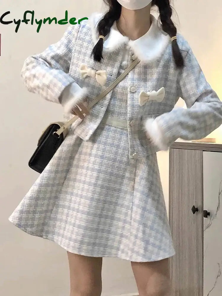 Winter Elegant Tweed Plaid Dress Sets Women Kawaii Boew Woolen Jackets Sweet Strap Mini Dresses Female Korean Lolita 2 Piece Set
