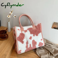 Cyflymder Winter Faux Fur Leopard Print Designer Shopper Totes Fashion Soft Plush Women Shoulder
