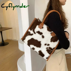 Cyflymder Winter Faux Fur Leopard Print Designer Shopper Totes Fashion Soft Plush Women Shoulder