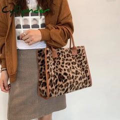 Cyflymder Winter Faux Fur Leopard Print Designer Shopper Totes Fashion Soft Plush Women Shoulder