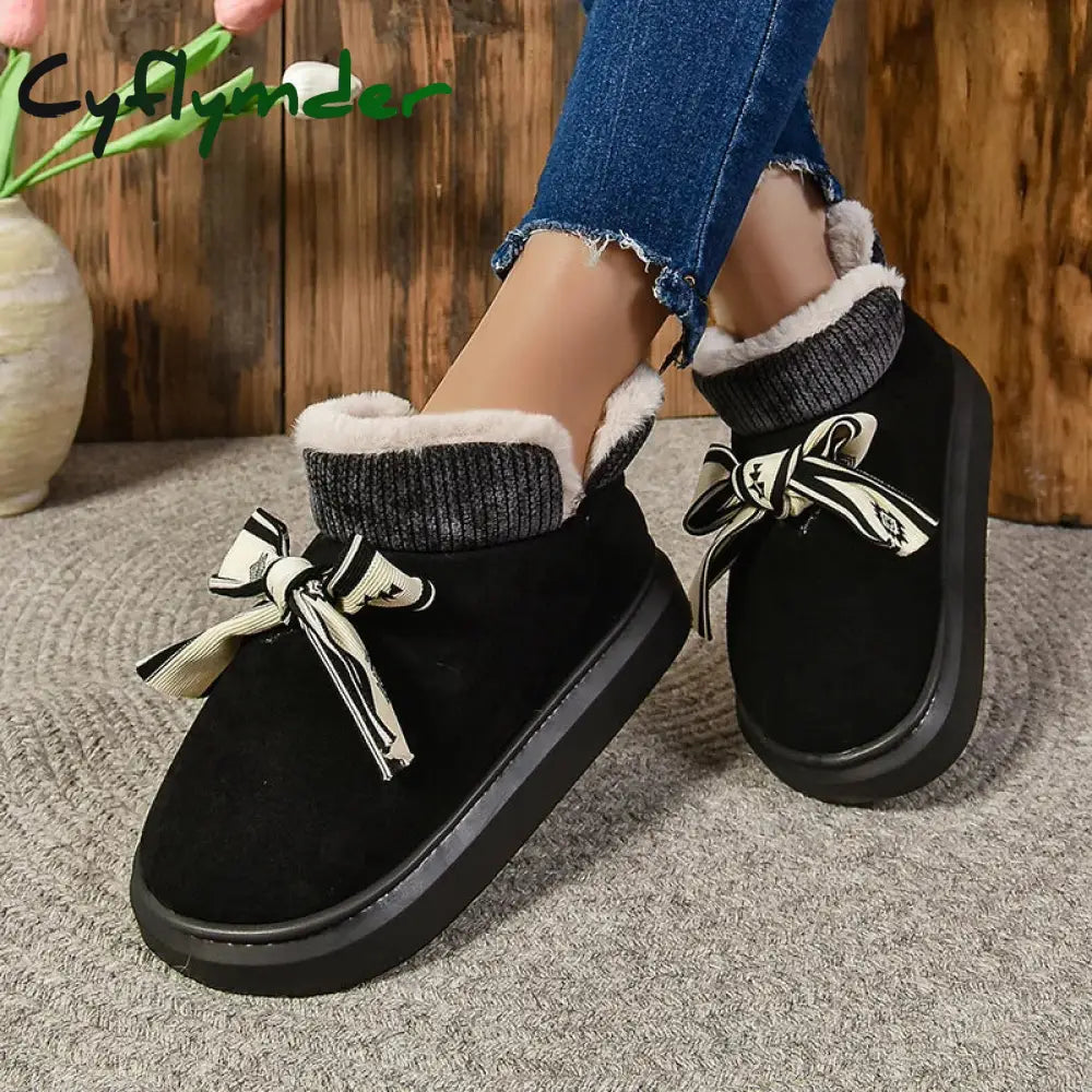 Cyflymder Winter Faux Suede Cotton Boots Women’s Home Bow Wool Ankle Boots New Warmth Thick Soled Princess Style Short