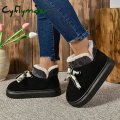 Cyflymder Winter Faux Suede Cotton Boots Women’s Home Bow Wool Ankle Boots New Warmth Thick Soled Princess Style Short