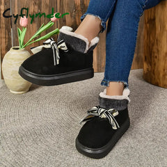 Cyflymder Winter Faux Suede Cotton Boots Women’s Home Bow Wool Ankle Boots New Warmth Thick Soled Princess Style Short