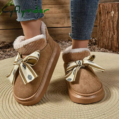 Cyflymder Winter Faux Suede Cotton Boots Women’s Home Bow Wool Ankle Boots New Warmth Thick Soled Princess Style Short
