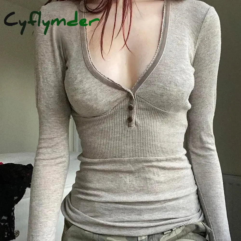 Cyflymder winter fits Crop Tops y2k Aesthetic Fairy Grunge Women Knitted Button Long Sleeve Slim 2000s Aesthetic T