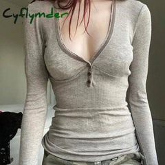 Cyflymder winter fits Crop Tops y2k Aesthetic Fairy Grunge Women Knitted Button Long Sleeve Slim 2000s Aesthetic T