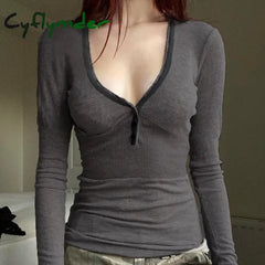 Cyflymder winter fits Crop Tops y2k Aesthetic Fairy Grunge Women Knitted Button Long Sleeve Slim 2000s Aesthetic T