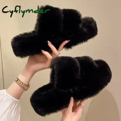 Cyflymder Winter Fluffy Slippers Women New House Home Fur Slippers For Women Flat Platform Cozy Fuzzy Indoor Shoes