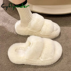 Cyflymder Winter Fluffy Slippers Women New House Home Fur Slippers For Women Flat Platform Cozy Fuzzy Indoor Shoes